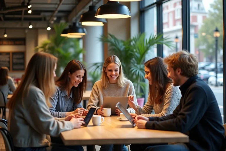Jeunes adultes autour d'une table dans un café moderne