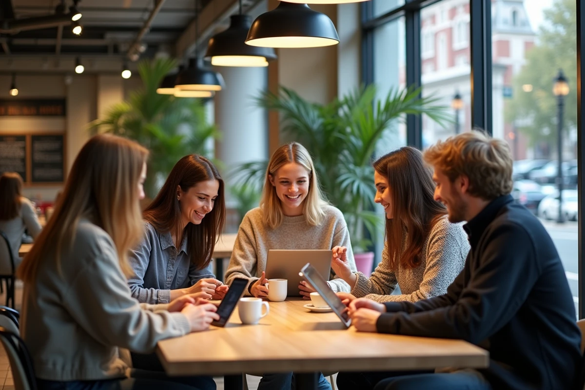 Jeunes adultes autour d'une table dans un café moderne