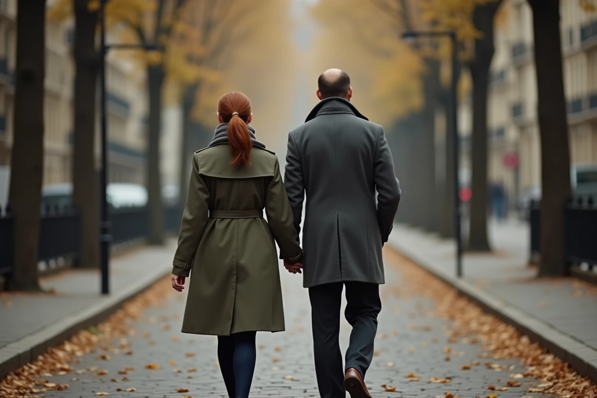Couple élégant se promenant dans une rue pavée en automne, évoquant la discrétion de la vie privée d'Hélène Rollès