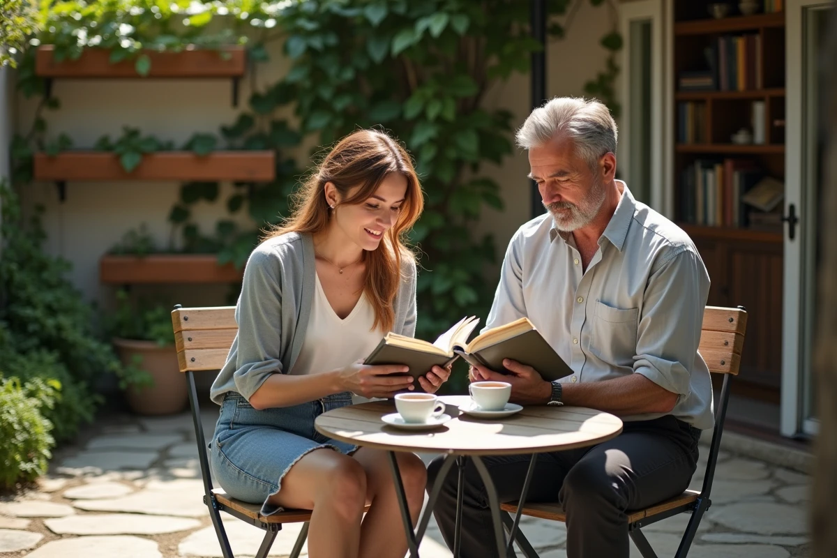 Couple posé sur une terrasse jardin en train de lire, illustration de la vie sereine et discrète d'Hélène Rollès et son mari