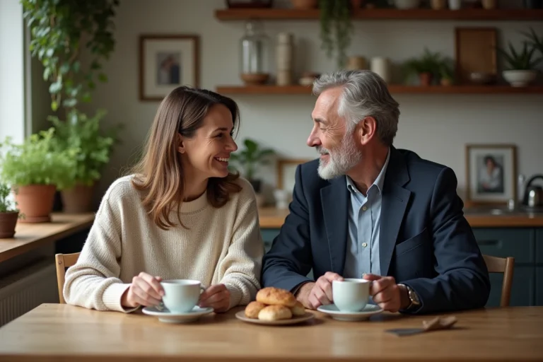 Couple discret partageant un moment intime dans leur cuisine, illustrant la vie privée d'Hélène Rollès et de son mari