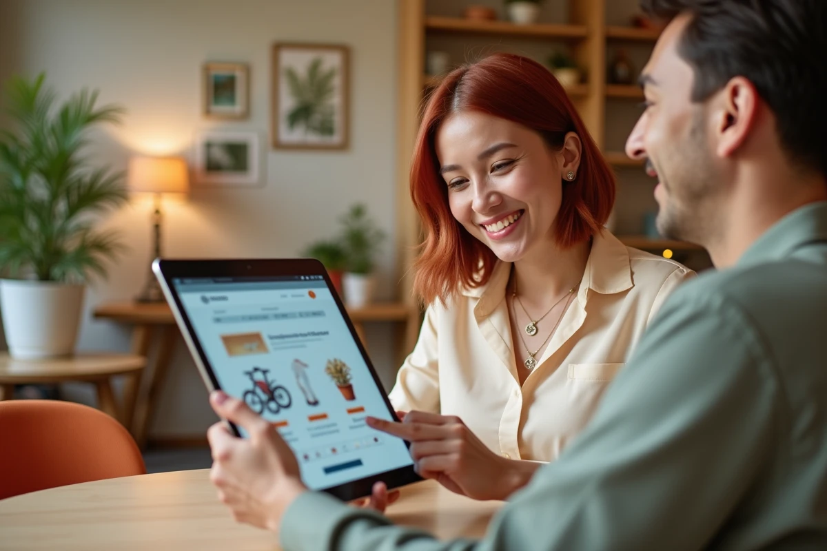 Développeuse de Hello Pomelo présentant joyeusement une interface e-commerce PHP dans un bureau aux accents tropicaux et colorés