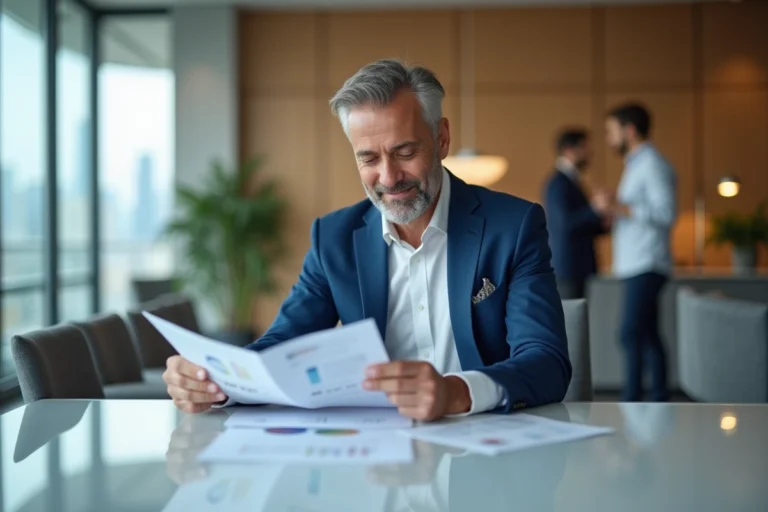 Homme d'affaires en costume bleu dans un bureau moderne