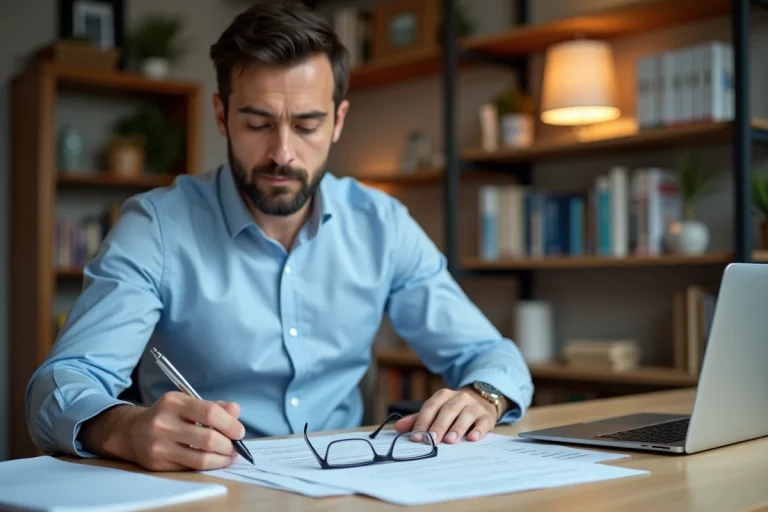 Homme remplissant sa déclaration d'impôts à son bureau avec un stylo, case 2BH visible sur le formulaire fiscal
