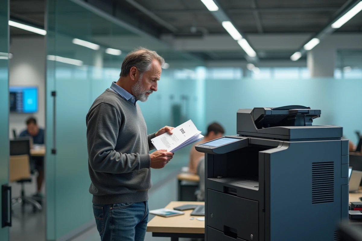 Homme examinant des pages imprimées dans un bureau moderne