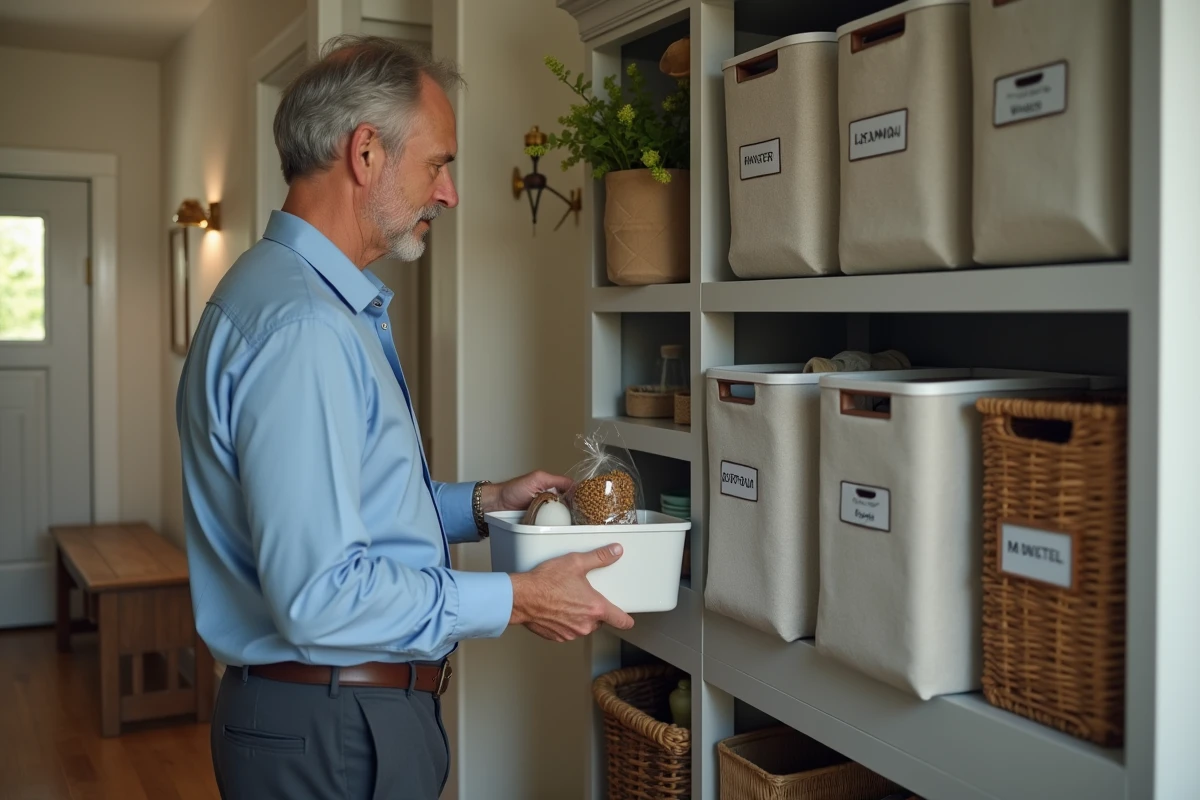 Homme rangeant ses affaires dans une entrée organisée et accueillante