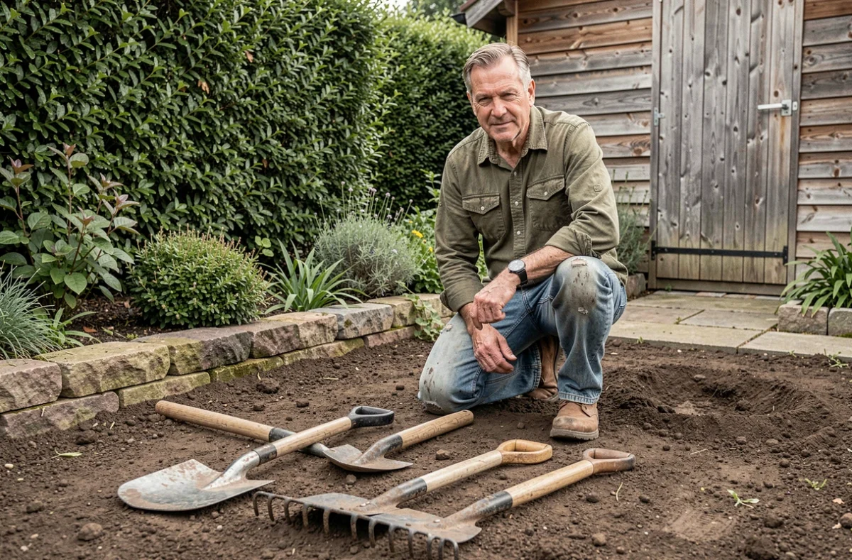 Homme agenouillé dans un jardin résidentiel inspectant une collection d'outils de jardinage posés sur une terre fraîchement retournée