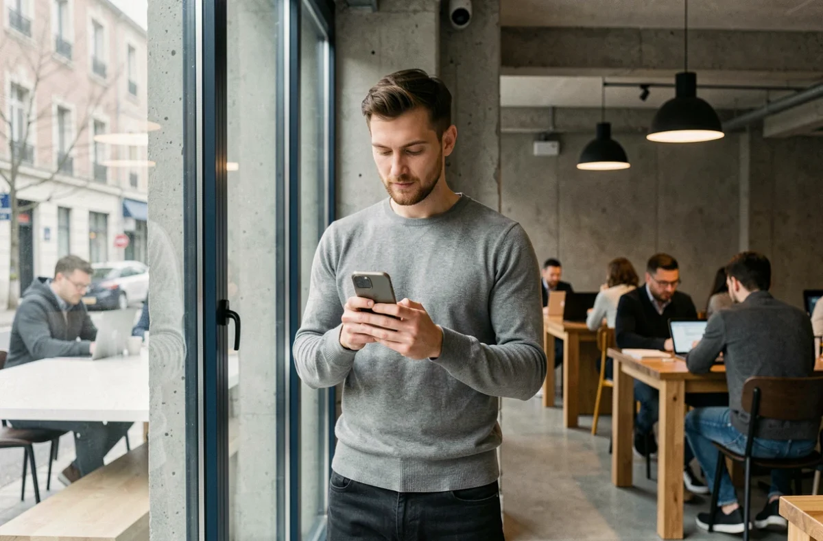 Jeune homme cherchant un emploi sur son smartphone dans un espace de coworking en France