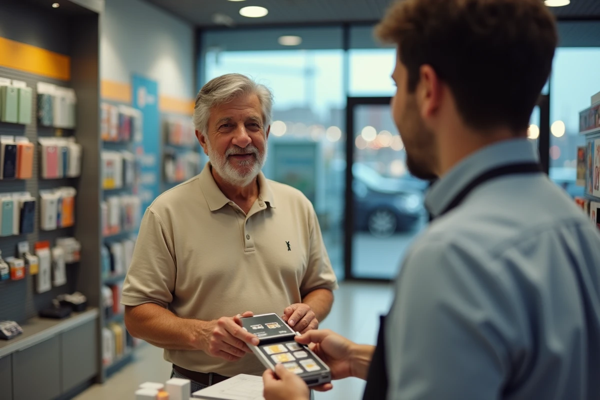 Un homme senior en magasin choisit une carte SIM pour son téléphone avec l'aide d'un vendeur