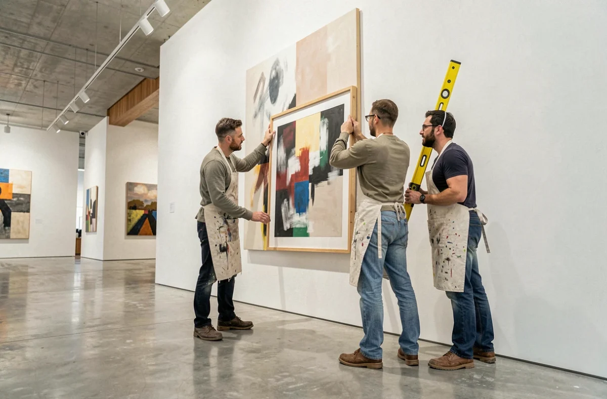 Techniciens installant une œuvre d'art contemporain dans une galerie bruxelloise avant l'ouverture d'une exposition