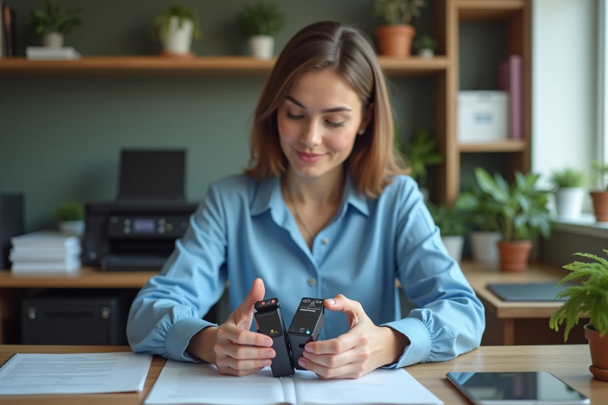 Jeune femme compare deux cartouches d'encre dans son bureau