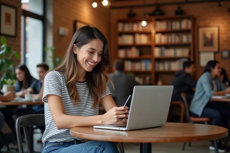 Jeune femme souriante avec laptop dans un café urbain