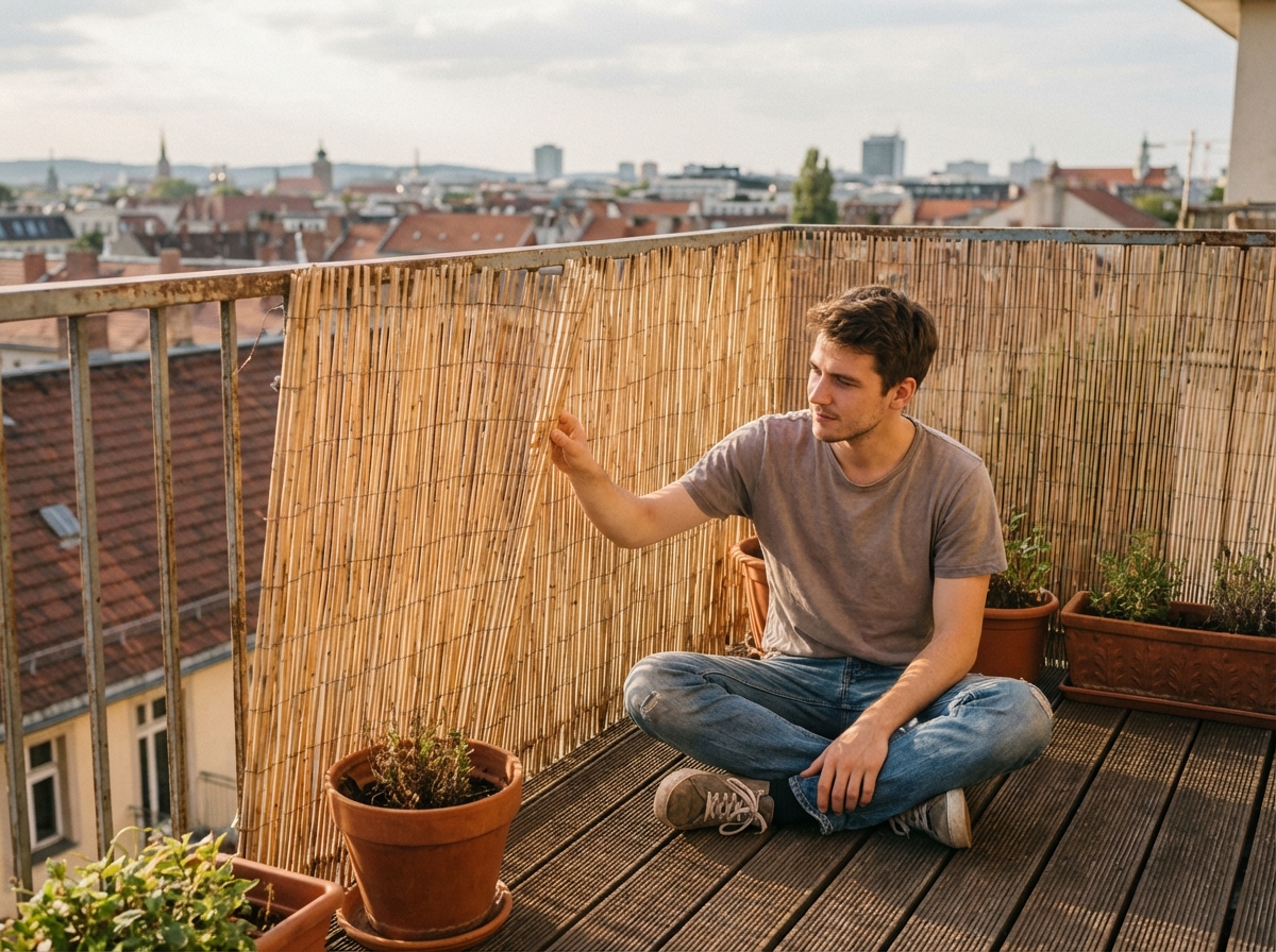 Jeune homme ajustant un écran en bambou sur le balcon