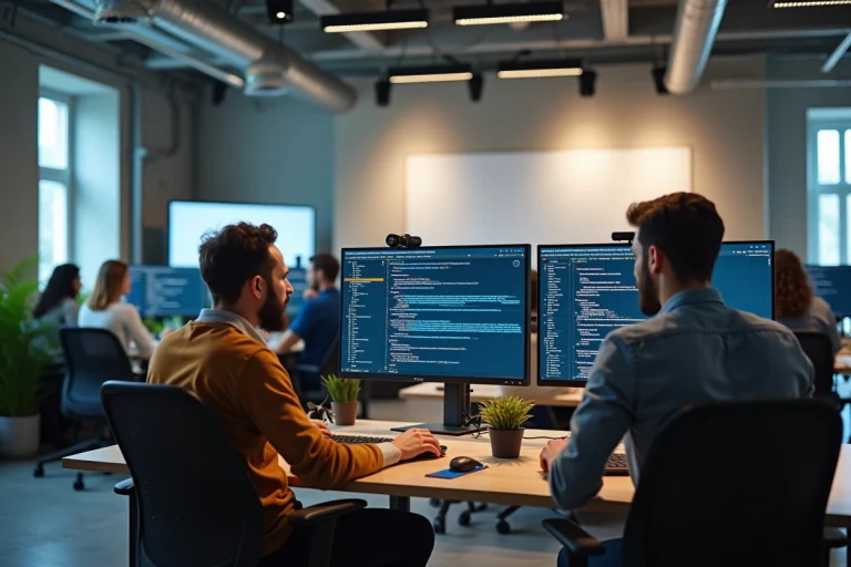 Vue panoramique d'une agence de développement PHP moderne en France avec des développeurs collaborant autour d'écrans affichant du code