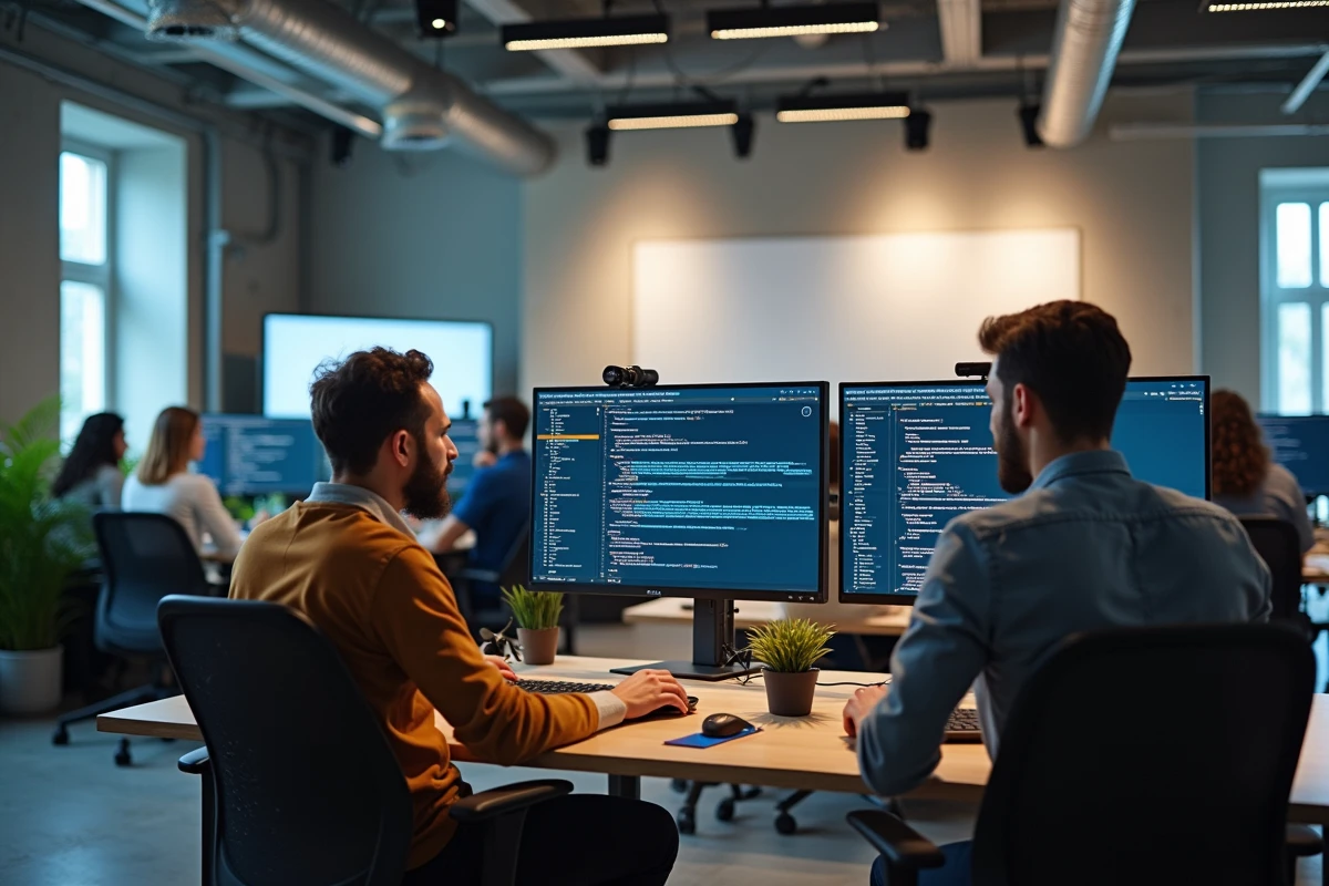 Vue panoramique d'une agence de développement PHP moderne en France avec des développeurs collaborant autour d'écrans affichant du code