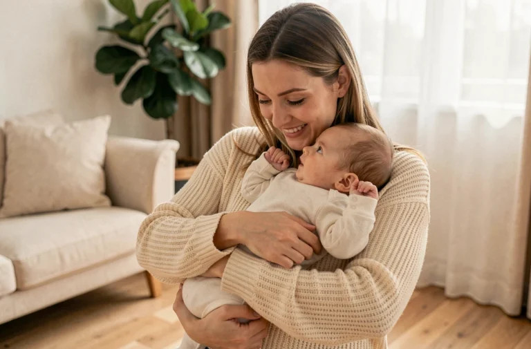 Jeune mère tenant tendrement son bébé de quatre mois dans un salon cosy, regard complice et sourire naturel