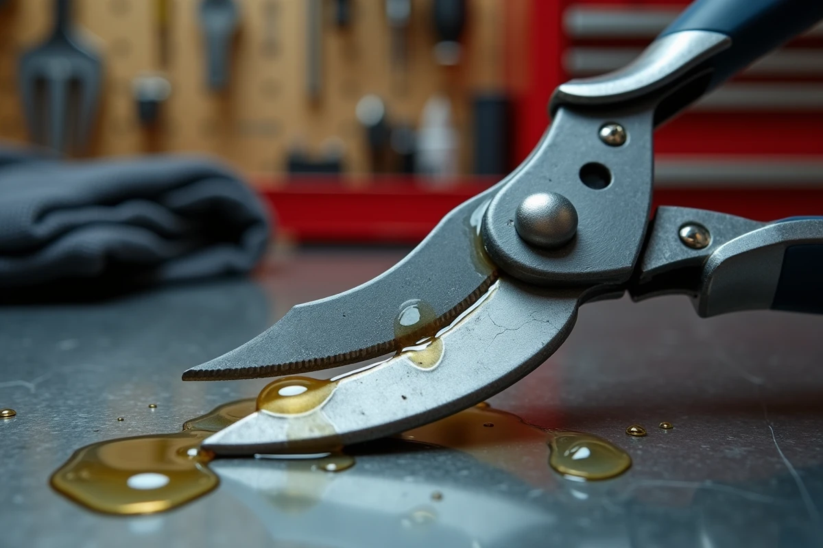 Gros plan sur une lame de sécateur huilée et nettoyée posée sur un établi métallique dans un atelier de bricolage organisé