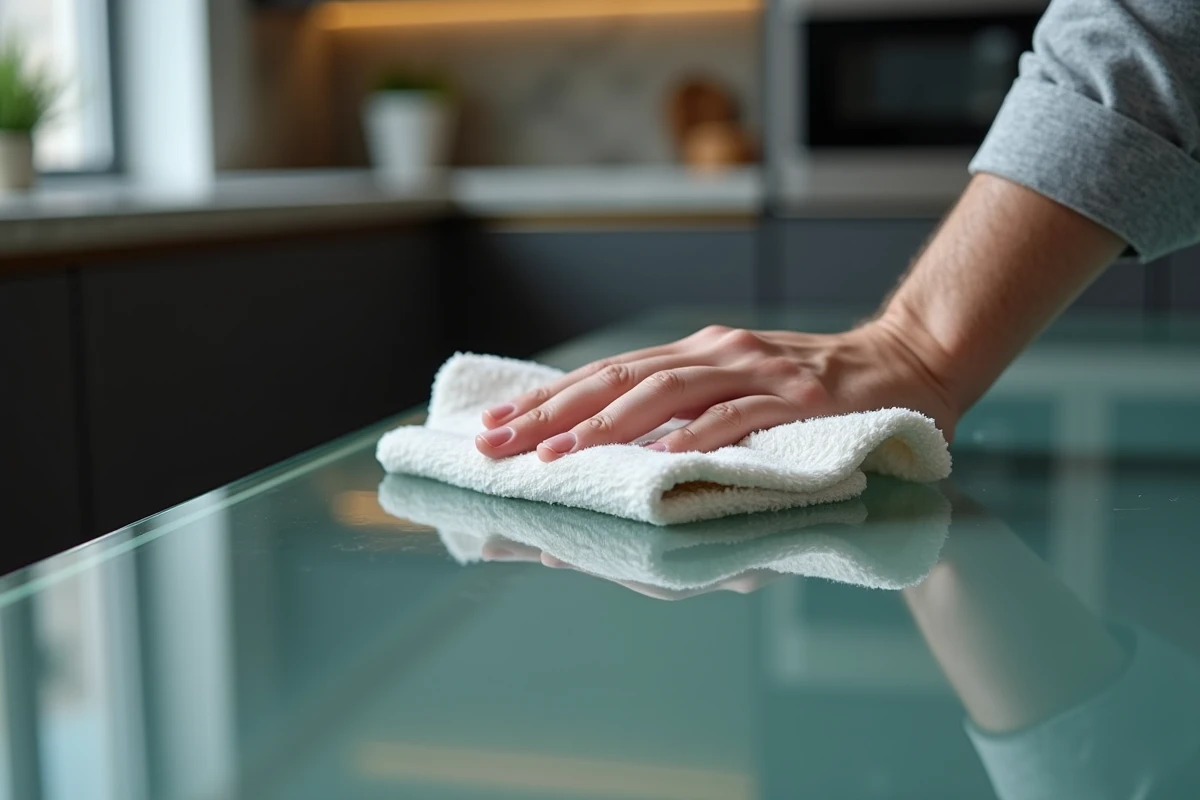 Gros plan de mains essuyant une table en verre trempé avec un chiffon en microfibre pour une finition sans traces