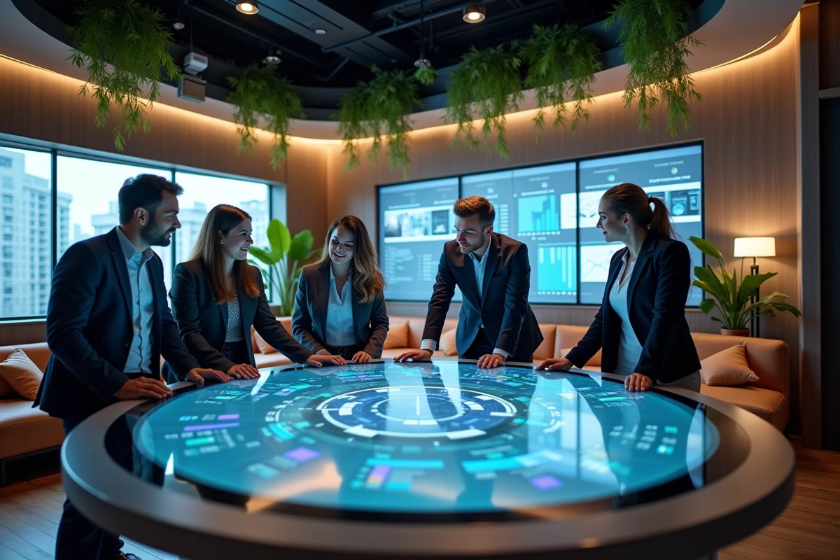 Équipe pluridisciplinaire de Onepoint analysant une stratégie d'écosystème digital PHP autour d'une table connectée dans un centre d'innovation contemporain