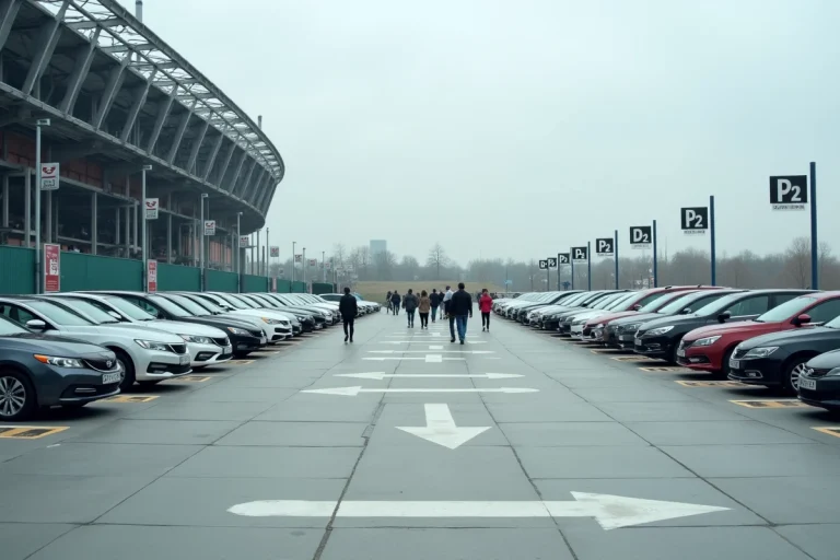 Vue grand angle du parking P2 du Stade de France avec rangées de voitures garées et signalétique officielle