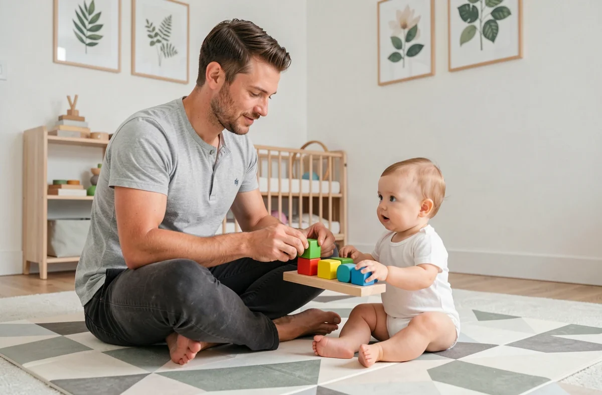 Père jouant avec son bébé de six mois sur un tapis d'éveil coloré dans une chambre de bébé lumineuse et décorée