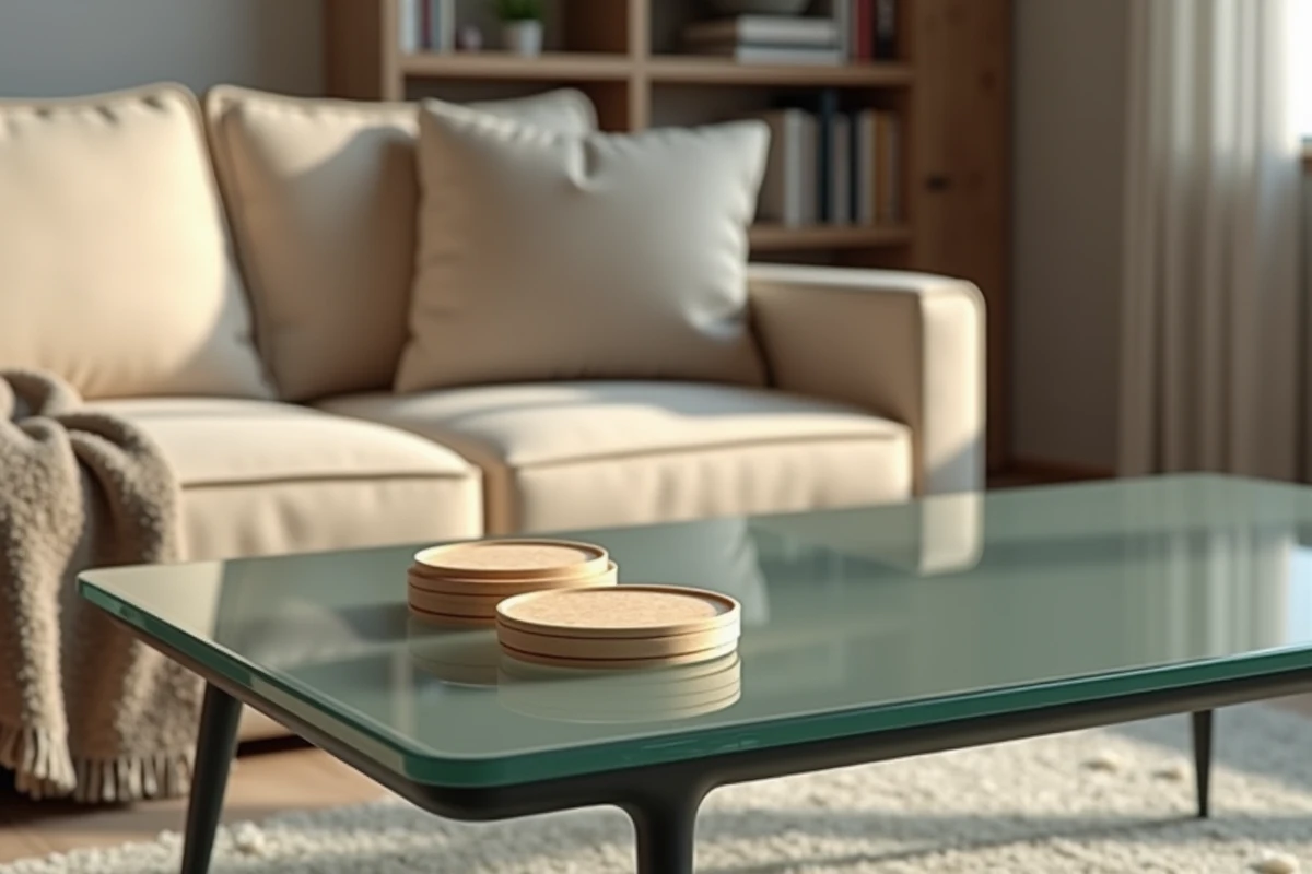 Table basse en verre protégée par des sous-verres en silicone et un tapis en verre transparent dans un salon cosy