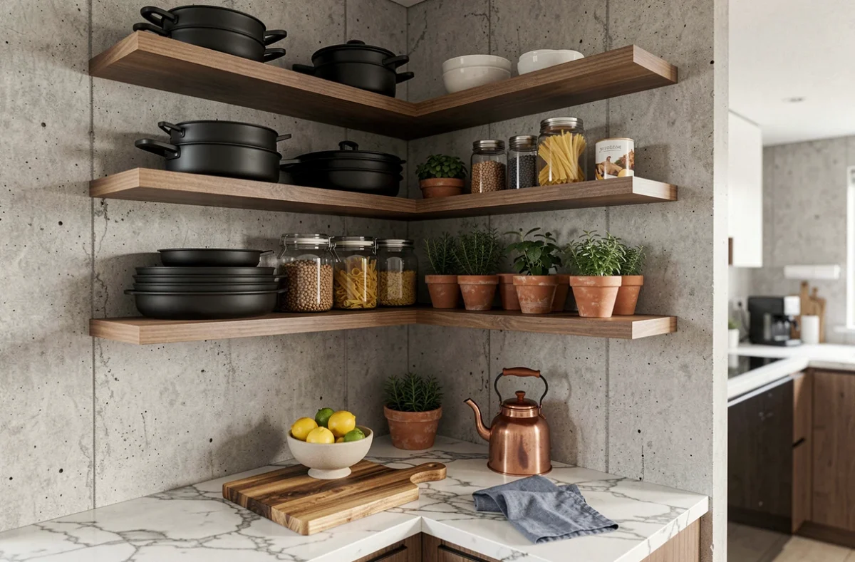 Étagères cuisine ouvertes en bois sur mur en béton brut avec ustensiles, bocaux et herbes aromatiques dans une cuisine moderne et organisée