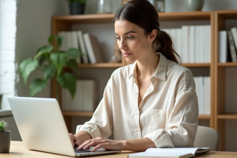 Rédactrice web freelance concentrée sur son ordinateur portable dans un bureau à domicile au style scandinave