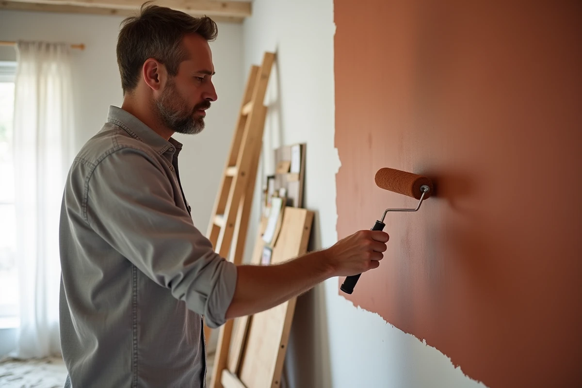 Homme peignant un mur en terracotta lors de la rénovation et décoration d'une pièce avec un tableau d'inspiration et des échantillons de couleurs