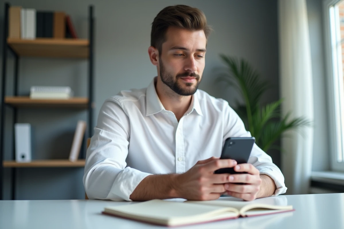 Jeune homme résiliant son assurance auto AXA en ligne via son smartphone depuis son bureau
