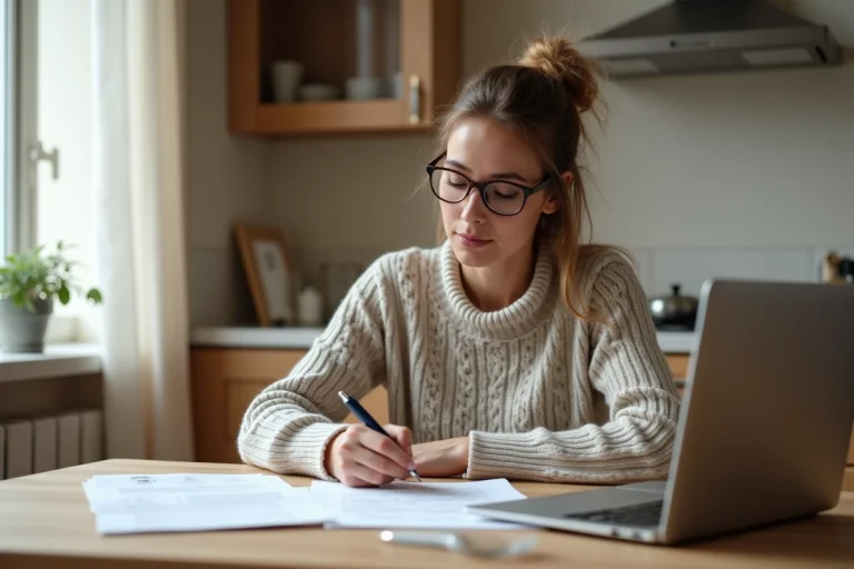 Femme remplissant un formulaire de résiliation d'assurance auto AXA à la table de sa cuisine