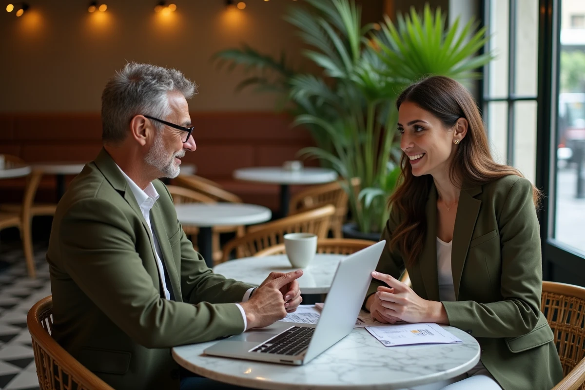 Rédactrice web freelance présentant ses services à un client lors d'une réunion dans un café parisien