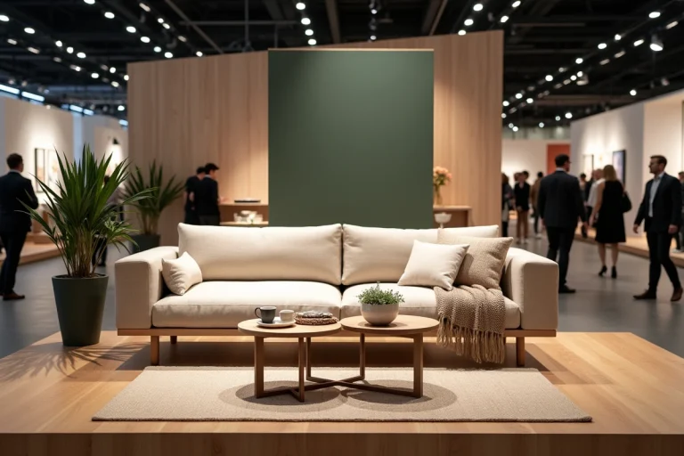 Stand de décoration intérieure au salon tendances habitat 2024 avec canapé en lin beige et mobilier scandinave minimaliste