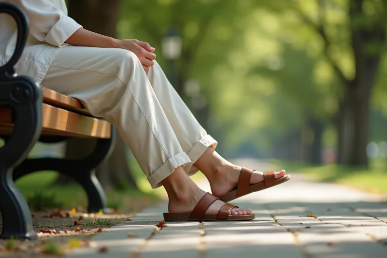 Femme portant des sandales orthopédiques à semelle soutien plantaire assise sur un banc en bois dans un parc, idéales pour soulager la fasciite plantaire