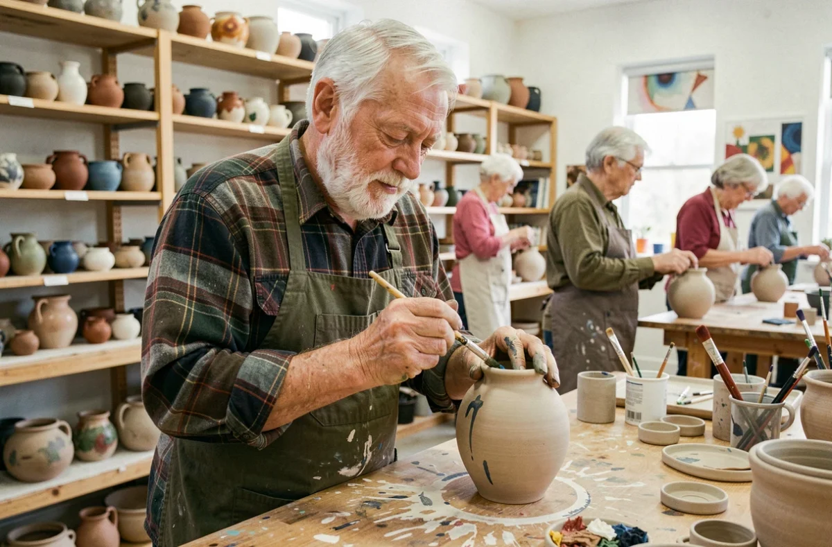 Un homme senior peignant de la céramique dans un atelier artistique communautaire, représentant les activités créatives épanouissantes pour les personnes âgées