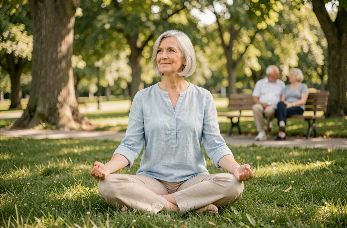 Une femme senior pratiquant le yoga dans un parc verdoyant, illustrant les activités physiques douces pour rester actif après 60 ans