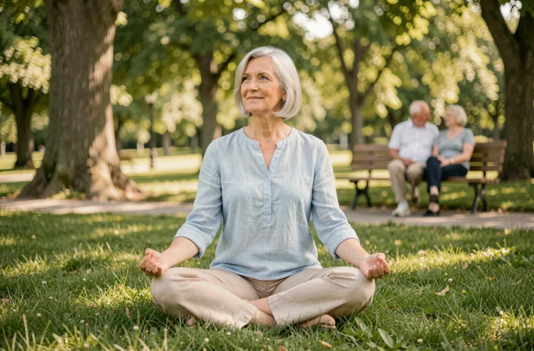 Une femme senior pratiquant le yoga dans un parc verdoyant, illustrant les activités physiques douces pour rester actif après 60 ans