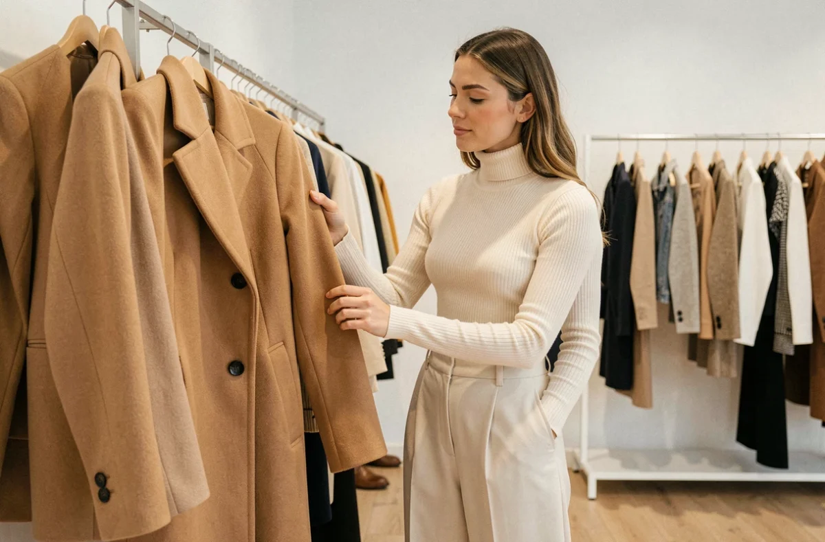 Femme élégante qui fait du shopping dans une boutique de mode minimaliste, parcourant un portant de vêtements tendance dont un manteau camel structuré