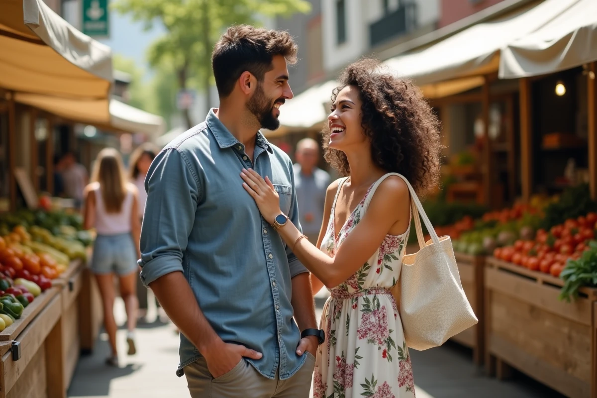 Femme qui rit et touche le bras d'un homme dans un marché en plein air, signe d'attirance naturelle