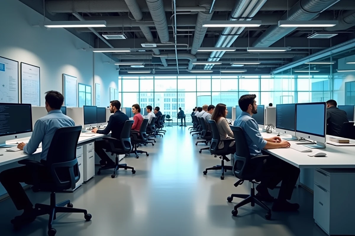 Vue grand angle des bureaux de l'agence SQLI avec des développeurs travaillant sur des solutions PHP d'entreprise dans un espace professionnel moderne