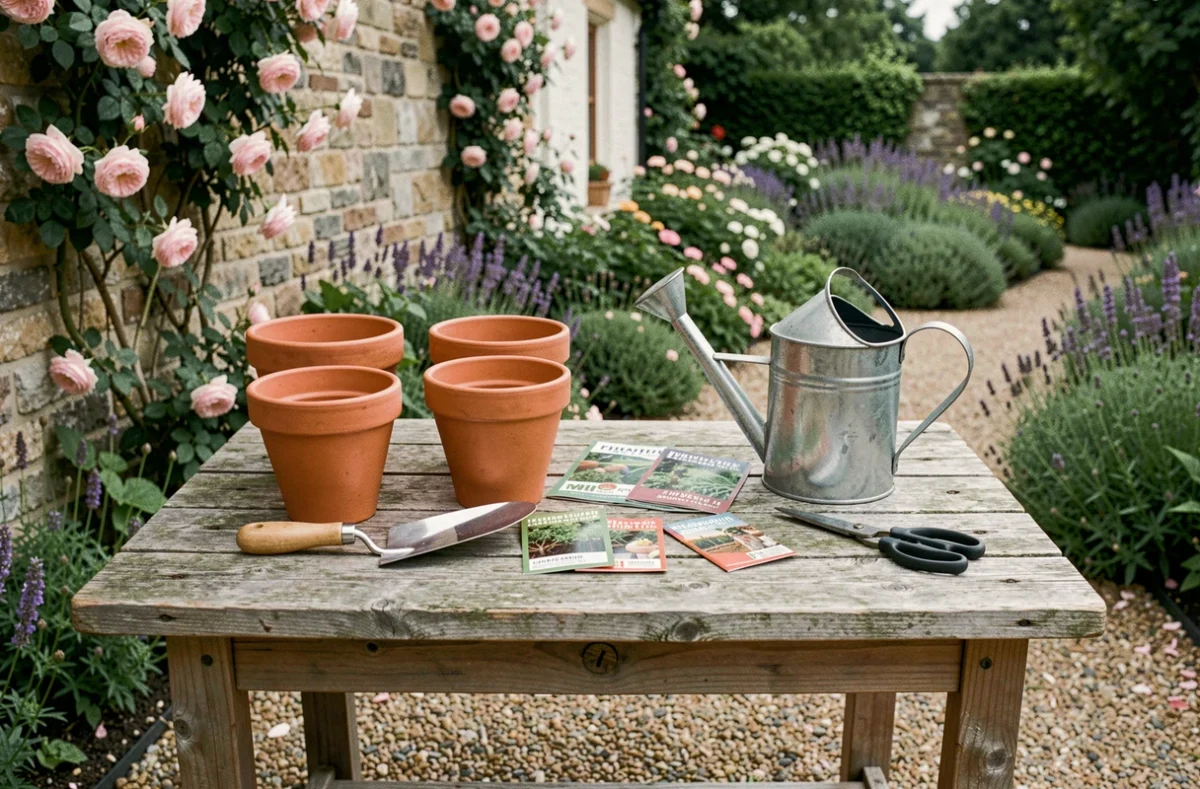 Table de rempotage en bois avec outils de jardinage organisés incluant arrosoir, truelles et pots en terre cuite dans un jardin fleuri