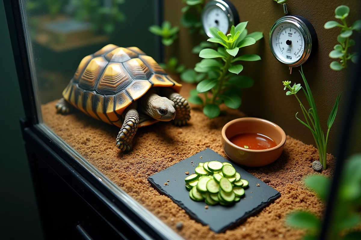 Terrarium de tortue de terre avec nourriture non consommée et équipements de bien-être reptile