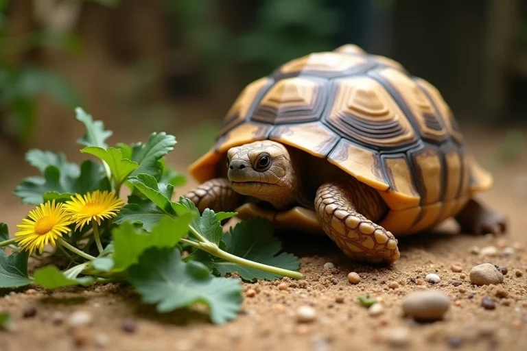 Tortue de terre Hermann qui refuse de manger des feuilles de pissenlit dans son enclos naturel