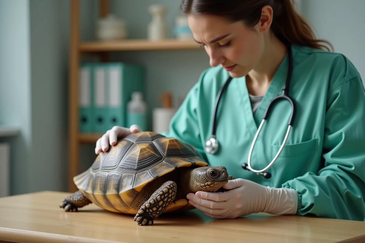 Vétérinaire examinant une tortue de terre qui ne mange plus en consultation clinique