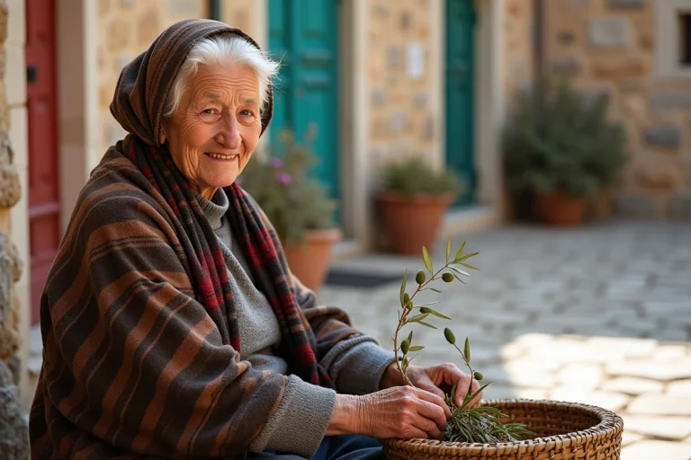 Femme corsicaine âgée tissant un panier en olive