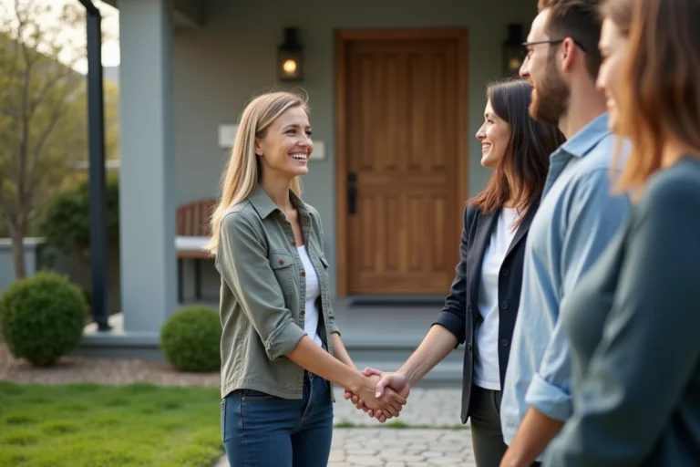 Femme souriante saluant un jeune couple devant une maison moderne