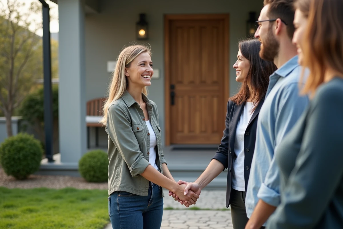 Femme souriante saluant un jeune couple devant une maison moderne