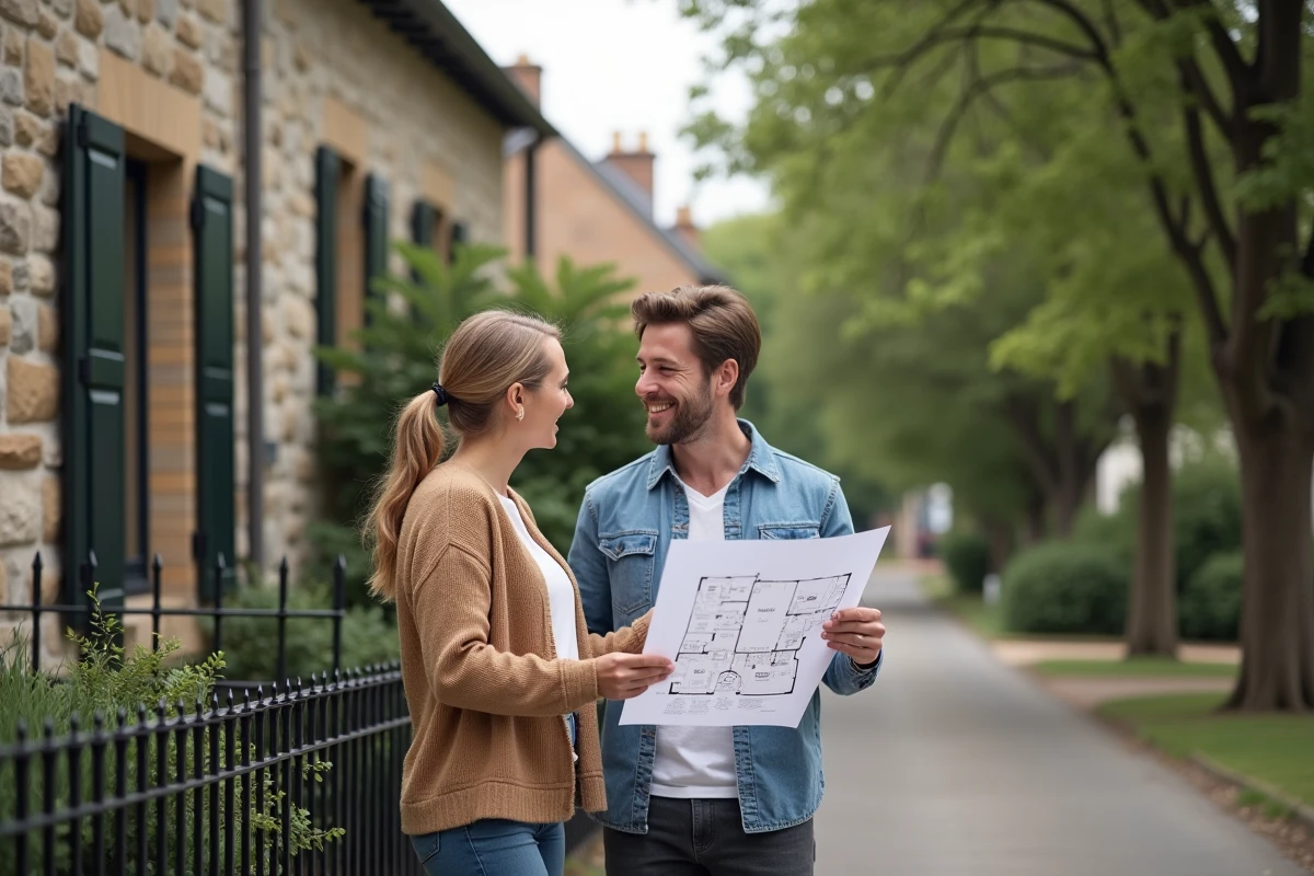 Couple devant une maison en pierre tenant un plan immobilier lors d'une visite pour un achat immobilier