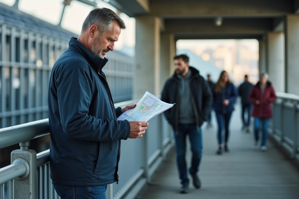 Homme consultant un plan pour se repérer dans le parking P2 avant un match au Stade de France