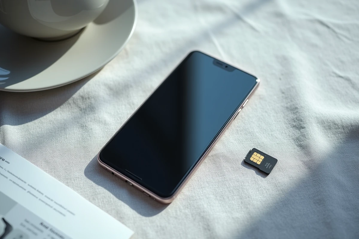 Vue de dessus d'un téléphone Doro senior avec une carte SIM et ses accessoires sur une table